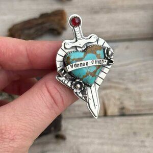 Richard Schmidt Inspired Heart and Dagger Voodoo Child Turquoise Garnet Ring